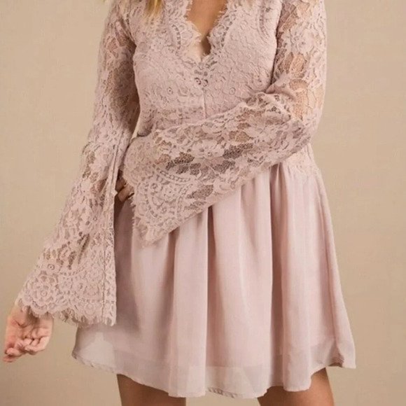 NEW Tobi Mini Dress Women Small Blush Nude‎ Pink Lace Long Sleeves A Line Party - Picture 2 of 11